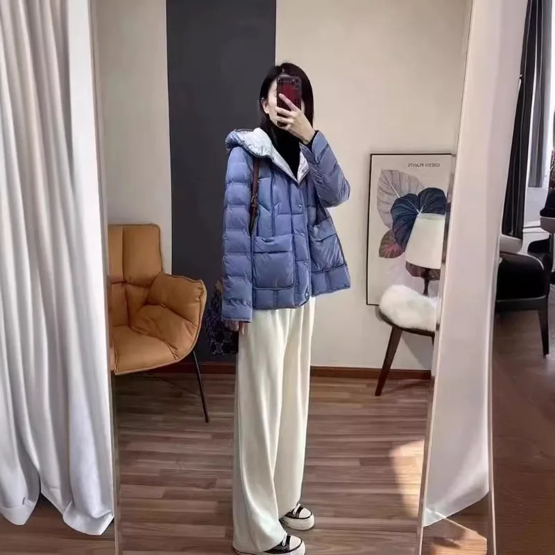2024 Winter Women 90% White Duck Down Coat Female Stand Collar Single-Breasted Puffer Jacket Casual Loose Hooded Parkas