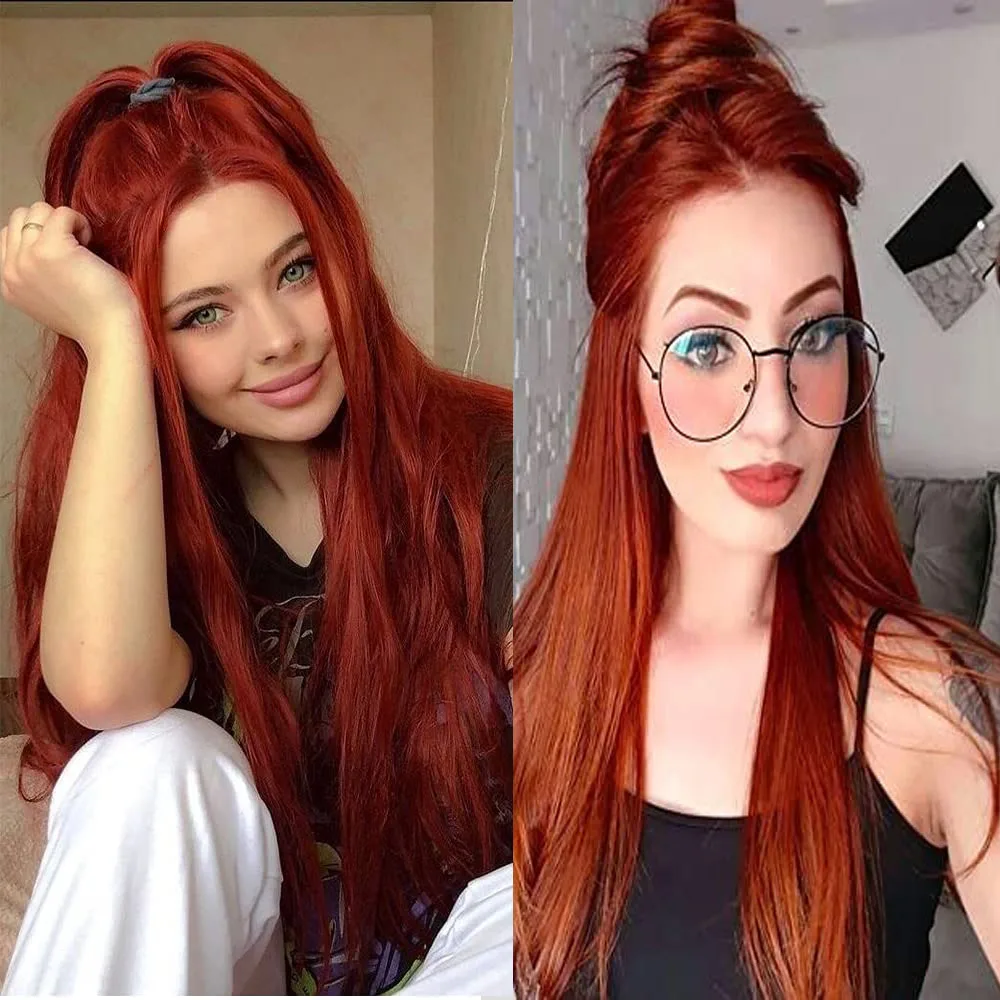 Caramel Fire Red Synthetic Lace Front Wig – Natural Hairline, Free Part, Versatile Wear