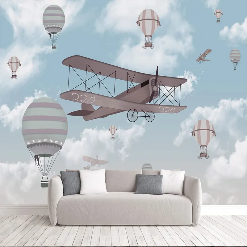 

Cartoon Kids Wallpaper For Boys Children'S Room Hot Air Balloon Plane Wall Paper Custom Photo Background Paintings Wallcovering