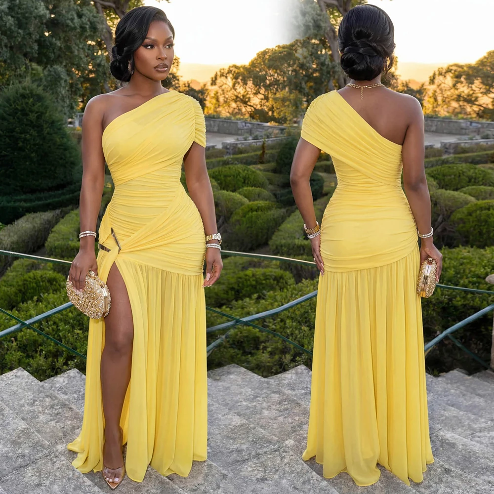 Sommerliches Damen-Abendkleid: Sexy One-Shoulder-Maxikleid mit Raffungen, Mesh-Einsatz, Metallschnalle, hohem Schlitz und plissiertem Saum – Partykleid 2026 – Detail 6