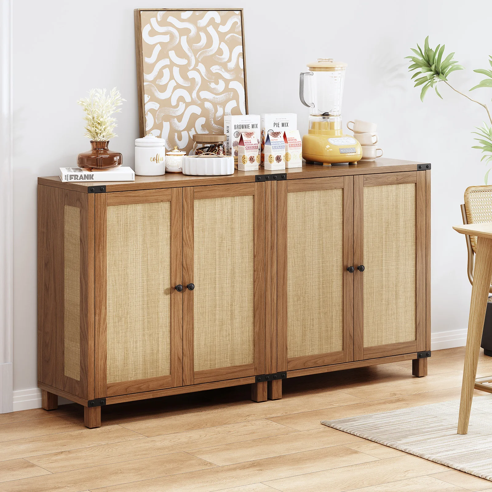 

31.5" Rattan Style Credenza Sideboard Buffet Cabinet with 2 Soft-Close Doors & Adjustable Shelves for Living Room, Hallway