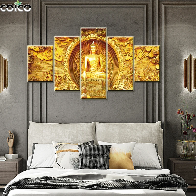 

Buddha Painting with Frame Wall Art Gold Hindu God Poster 5 Piece Modular Canvas Print Religious Picture for Living Room Decor