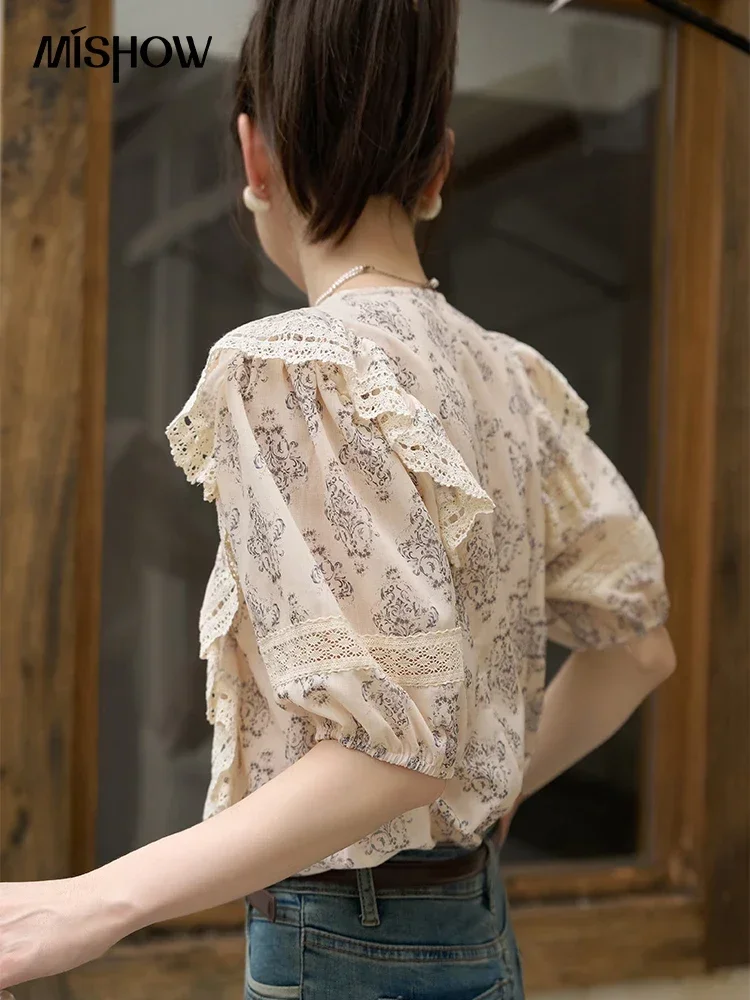 MISHOW Lace Ruffled V-neck Blouses for Women Summer Floral Puff Sleeve Pullover Female Chiffon Tops Office Lady MXC35X0068