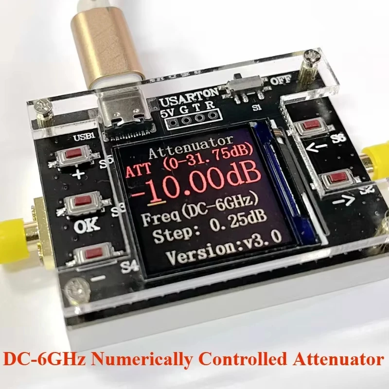 1PC DC-6GHz 30dB Digital Programmable RF Attenuator TYPE-C Power CNC Housing TFT Display RF Signal Testing Calibration Module