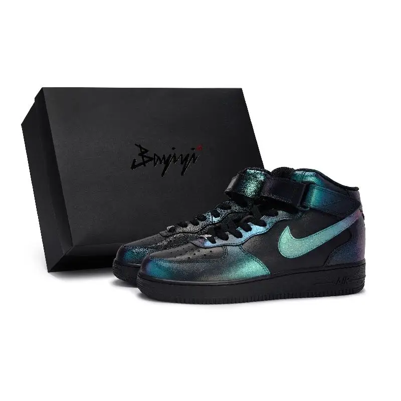 

[Custom Chameleon blue Green Purple S-BOX]Nike Air Force 1 Skateboard Shoes Unisex Mid-Top Black