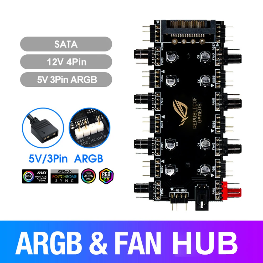 1 to 8 Splitter RGB PWM Hub PC Speed Controller Adapter Dimming Temperature Control for ASUS/MSI/GIGABYTE/ASRock Motherboards