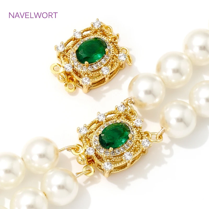 18K Gold Plated with Green Crystal Box Safety Clasp Brass Pearl Necklace Clasps Connector,For DIY Jewelry Making Accessories