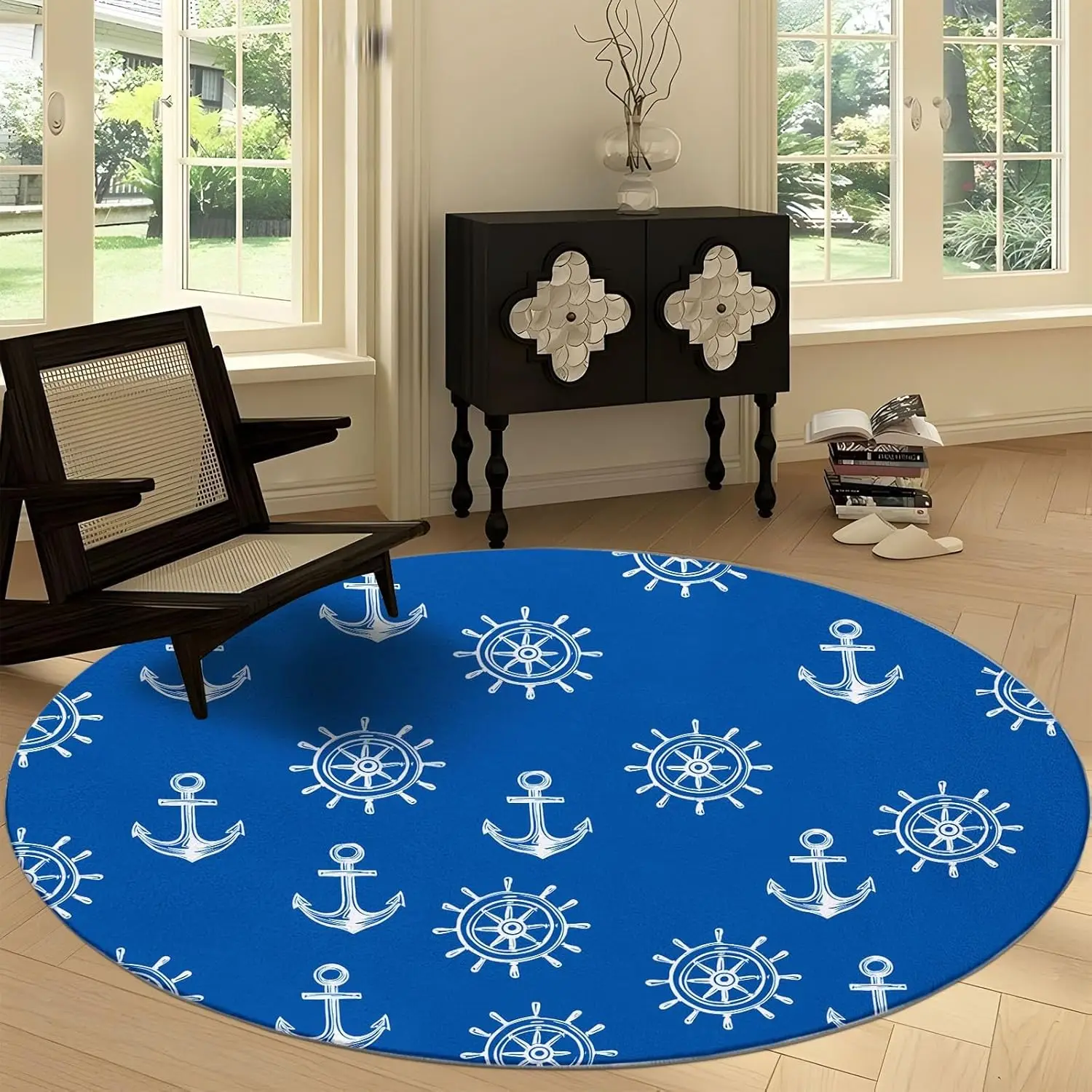 

Cartoon Nautical Symbols Round Rug for Bedroom Living Room, Minimal Style Washable Non-Slip Circle Runner, Floor Carpet Mats