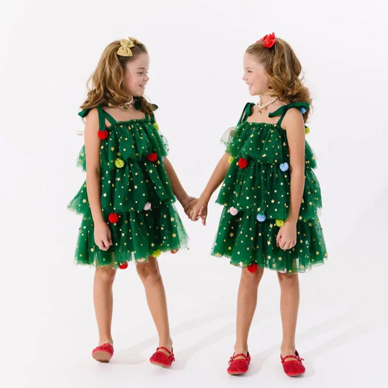 

Christmas Tree New Year Fancy Dress Up Enfant Carnival Starry Tulle Dresses Sequin Star Mesh Xmas Costume 2026
