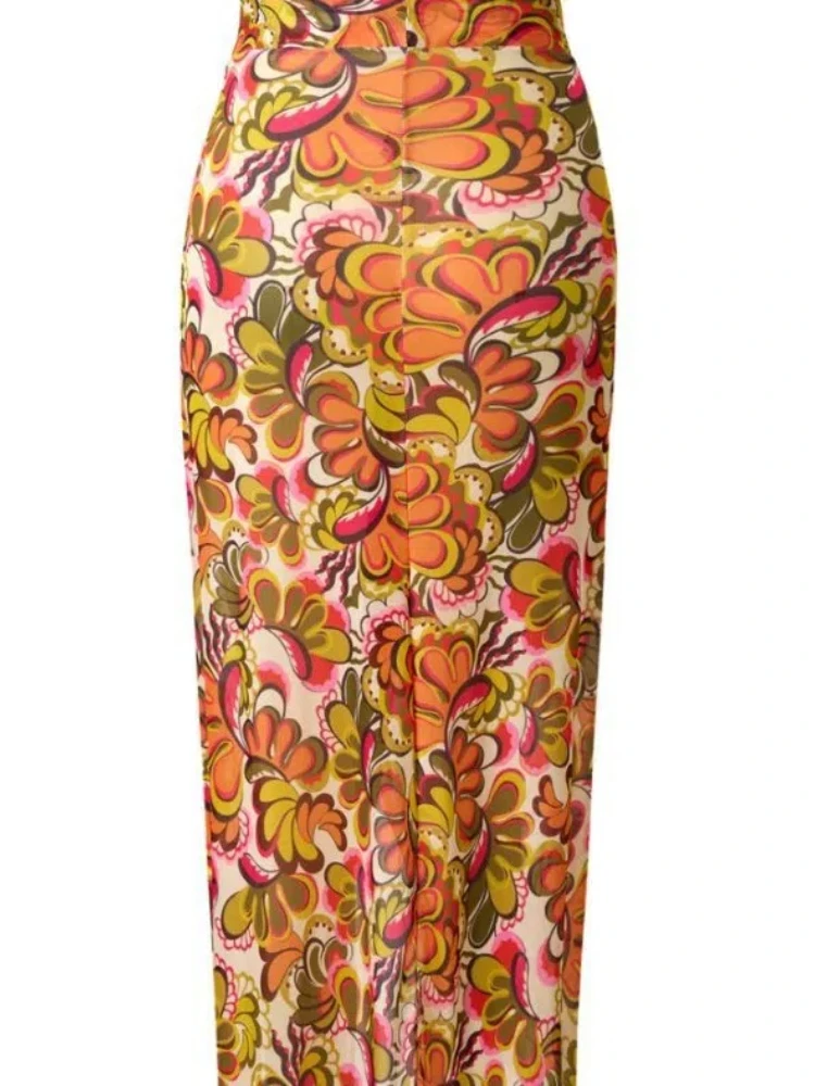2025 Women's Sunflower Print Dress Swimsuit Strapless One-Piece Swimsuit Bodysuit with Sheer Lace Up Long Skirt Summer Beachwear