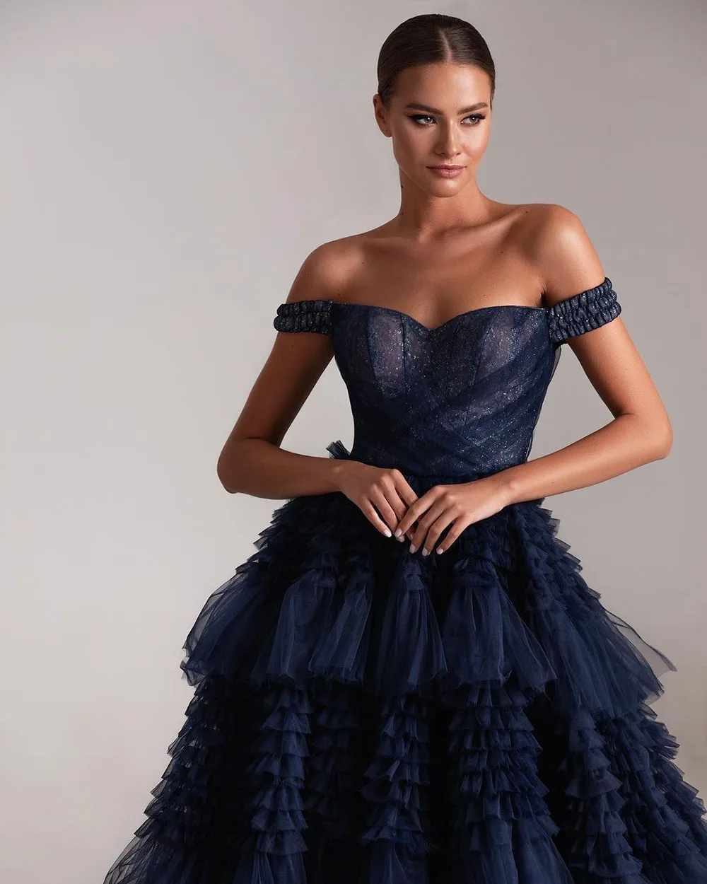 Sevintage Gorgeous Ruffled Tulle Prom Dresses Long A Line Off the Shoulder Tiered Floor Length Evening Gowns Formal Party Dress