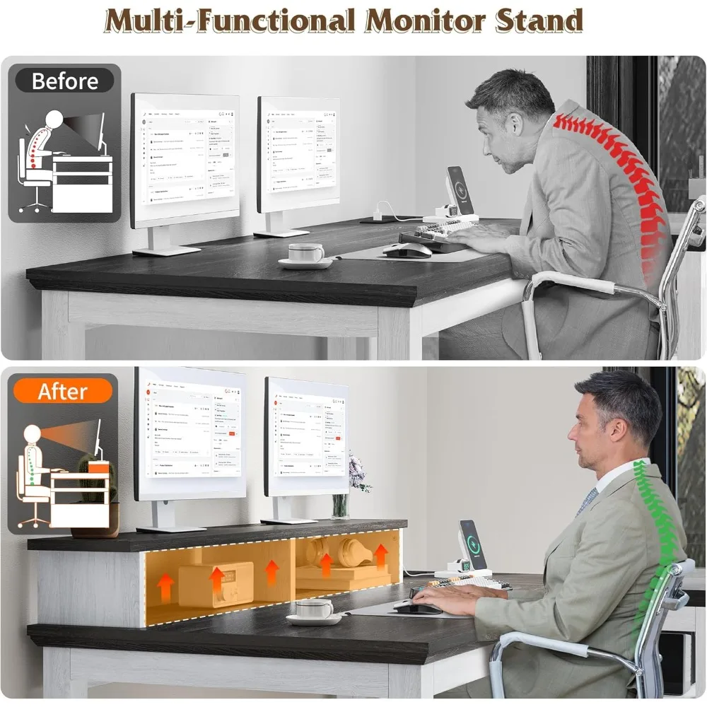 47.3 مكتب كمبيوتر مع حامل شاشة وأضواء LED، مكتب مزرعة مع مخرج طاقة وأرفف تخزين للمنزل O