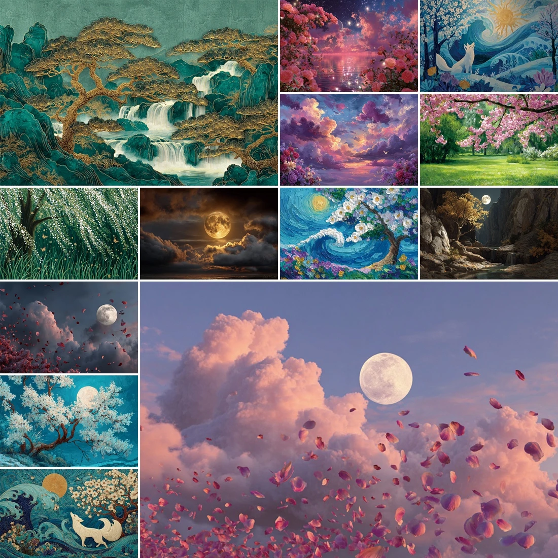 

MOON.QG Fairy Tale Tree Photo Background Floral Shore Mountain Moonlit Ocean Backdrop Portrait Child Photography Props Shooting