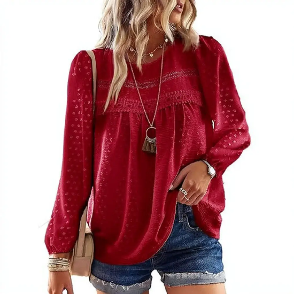 Ladies Long Sleeve Blouse Round Neck Lace Patchwork Loose Fit Casual Pullover Elegant Spring Fashion Tops