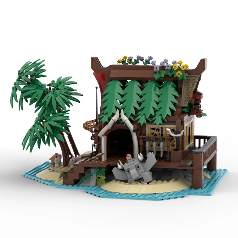 1504Pcs Islanders Tiki House MOC 폴리네시아 스타일 오두막 짚 지붕 교육 건물 diy 블록 생일 장난감 선물