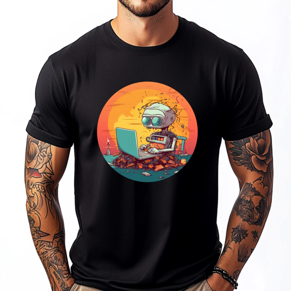 

Funny Smart Ai Robot With Laptop For Portable Computer Fans Black Graphic T Shirts Autumn Men's Cotton T-Shirt Halloween