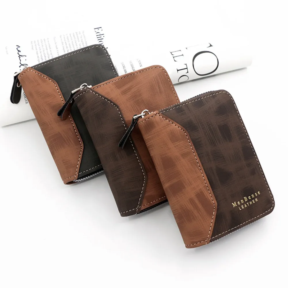 Sewn PU Leather Short Zipper Wallet Button Retro Frosted Billfold Holder Zipper Cash Clamp Men's Coin Purse Card