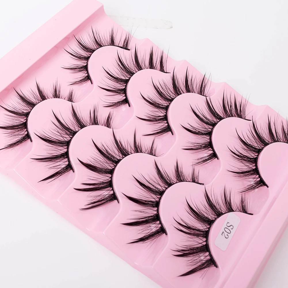 Neue 5/10 Paar Natürliche Wet False Eyelashes für den täglichen Gebrauch, scharfe, dicke, künstliche, gekreuzte Make-up-Wimpern – Detail 10