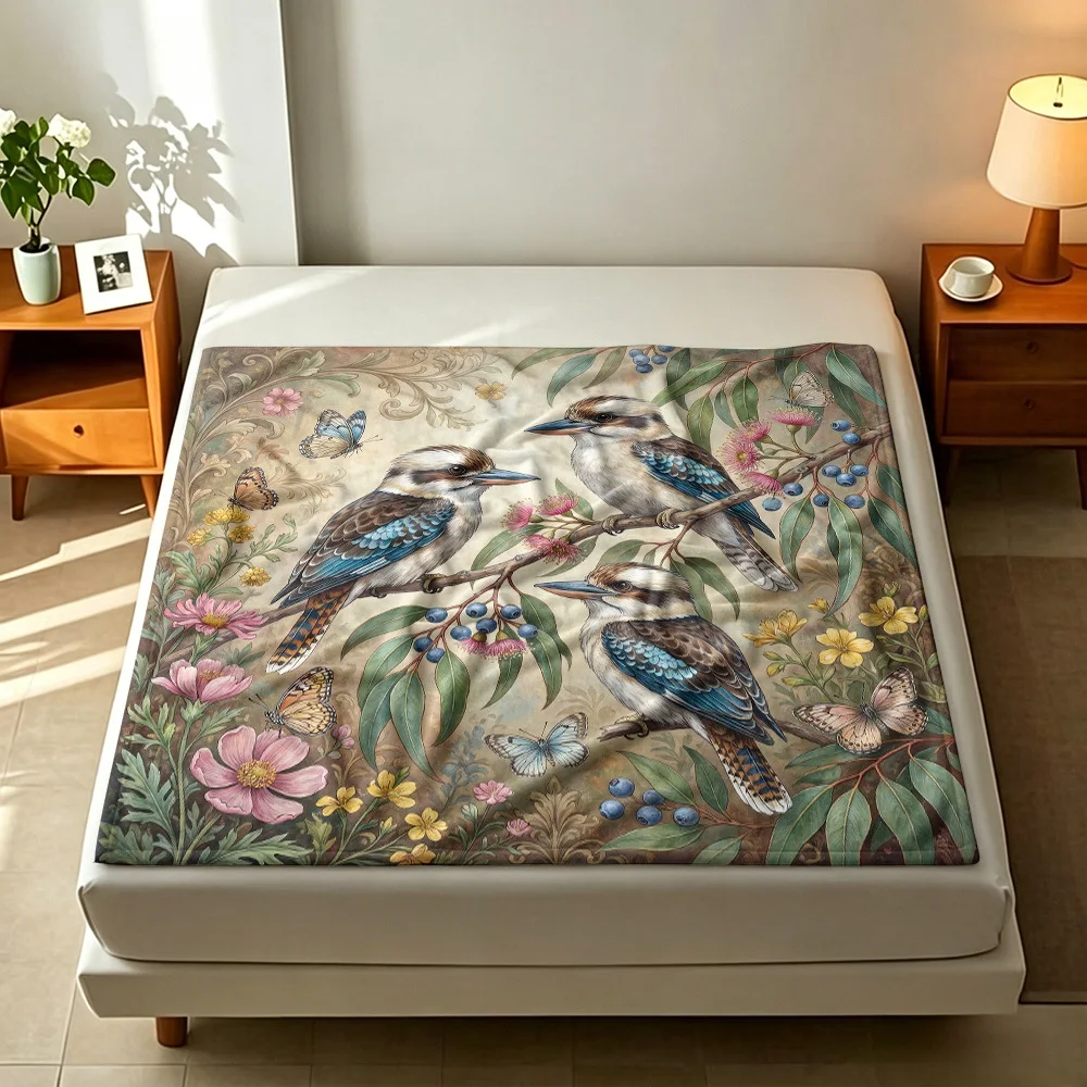 Kookaburra Bird Flannel Blanket Floral Eucalyptus Butterfly Print Lightweight Cozy Throw Bedroom Office All Season Use Here Too