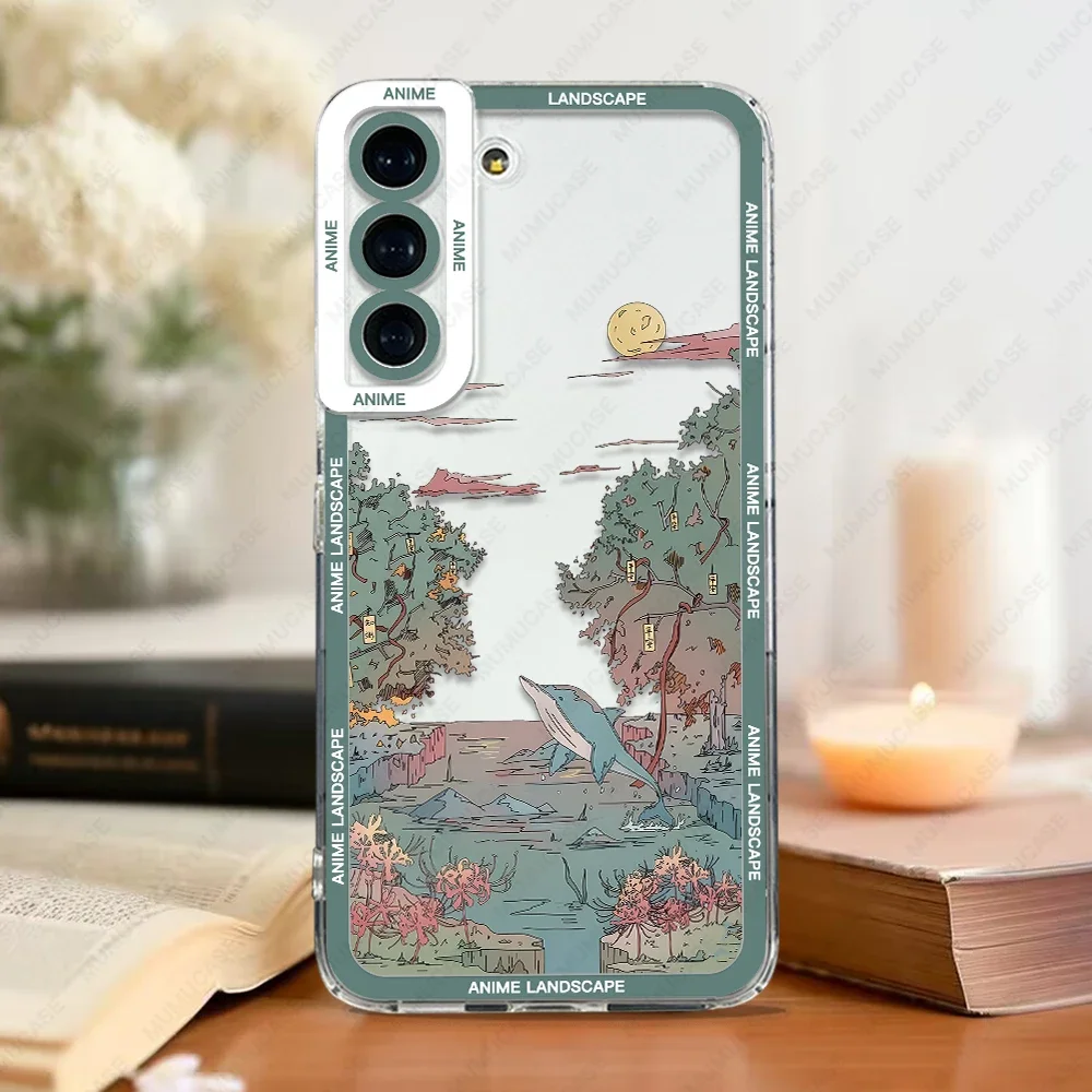 Case For Samsung Galaxy S24 S20 S21 FE S22 Plus S23 Ultra A22 A54 5G Soft Cover Anime Landscape Cloud Whale