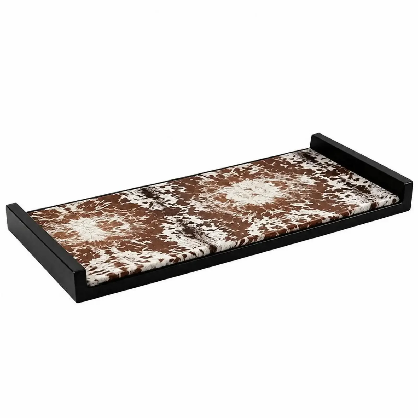 Furry Cowhide Pattern Wood Leather Decorative Storage Tray Rectangular Low Profile Design for Coffee Table Ottoman Sideboard