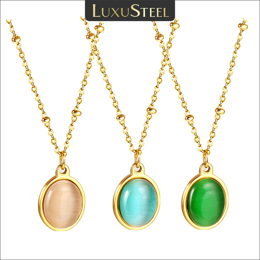 LUXUSTEEL Oval Green Blue Crystal Natural Stone Pendant Necklace For Women Gold Plated Stainless Steel Beads Rolo Chain Collar