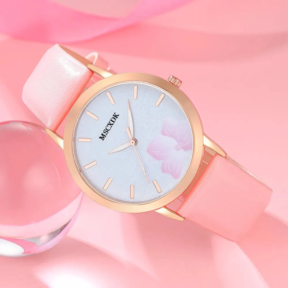 Fashion Pink Watch Glasses Set Women Casual Leather Belt Watches Simple Ladies Quartz Wristwatches Dress Clock Montre Femme