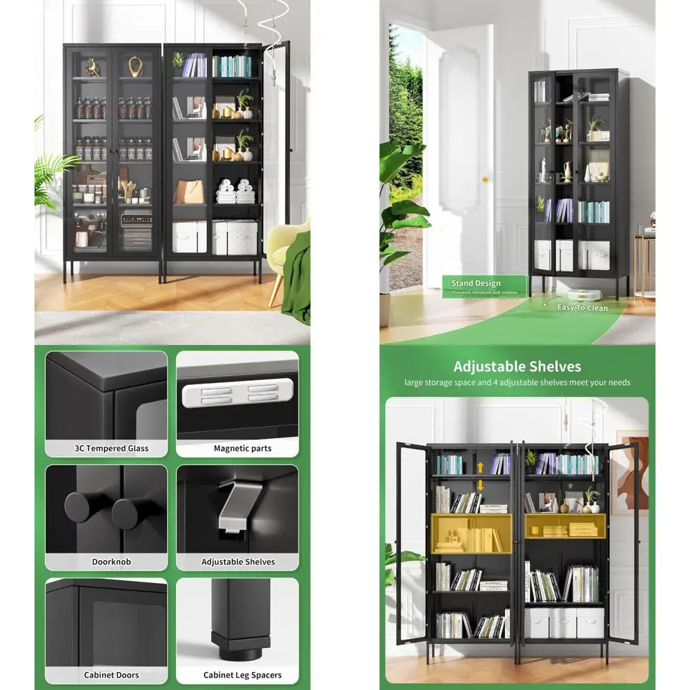 

Черный металлический шкаф-витрина со стеклянной дверью и 4 полками для предметов коллекционирования, высокий Greenvelly 67.