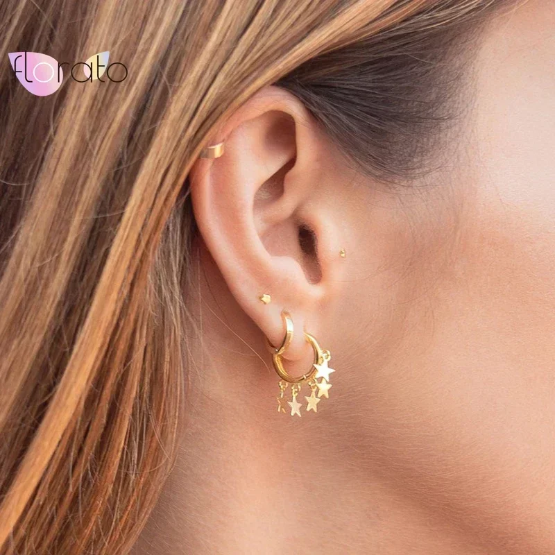 Pendientes con colgante de estrella y luna de cinco puntas, pendientes de aro de aguja de Plata de Ley 925 para mujer, joyería de fiesta de moda con