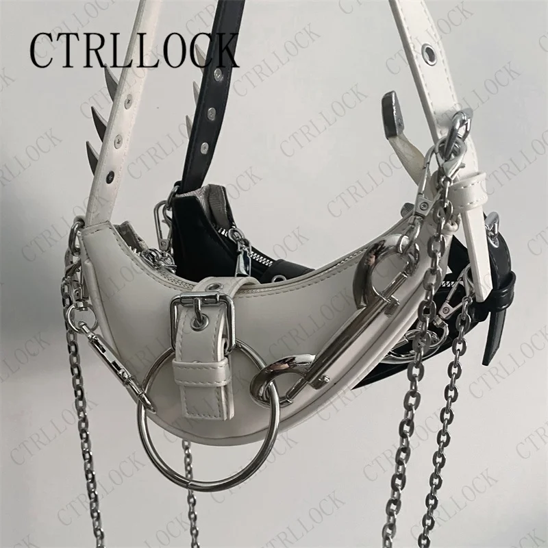 CTRLLOCK Punk Gothic pierścień torebka na ramię z nitami crossbody Techwear klamry Rock iskry pod pachami Mini torba