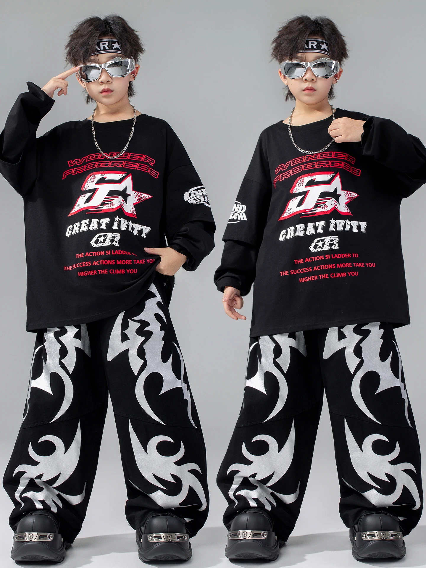 Stroje do tańca jazzowego dla dzieci na rok 2025, luźne koszule, spodnie cargo, garnitur dla chłopców, ubrania hip-hopowe rave dla dziewcząt, DQS21311