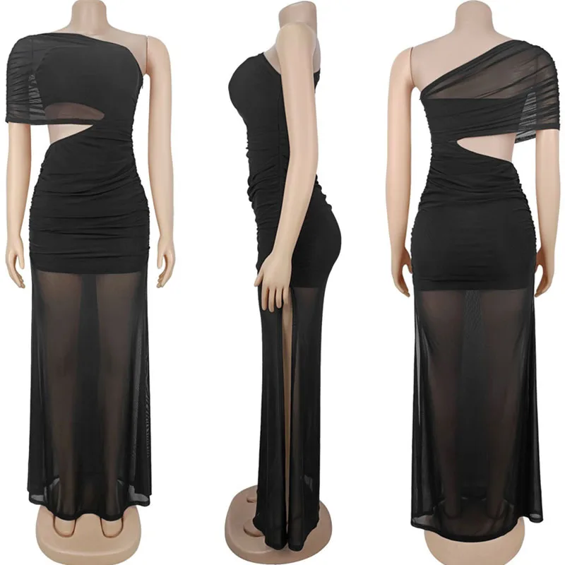 Vestido largo transparente de malla para mujer, vestido Sexy elegante con un hombro recortado y abertura alta, vestidos largos fruncidos para fiesta y Club nocturno