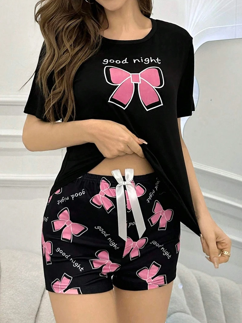 طقم بيجامة نسائي كاجوال بطبعة فيونكة وأكمام قصيرة ورقبة دائرية وسروال قصير مريح ومريح ملابس نوم صيفية