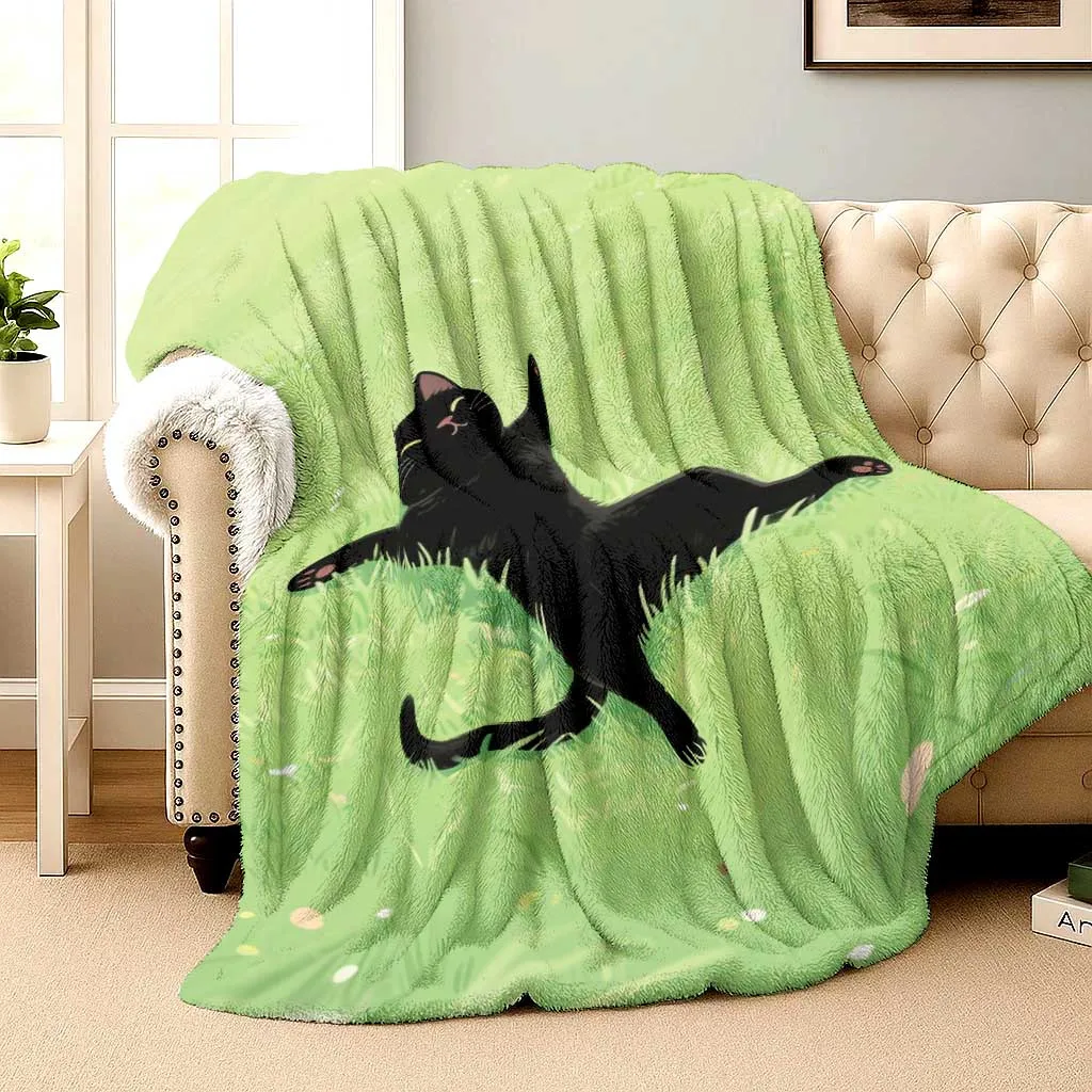 Flannel Blanket Black Cat Lime Green Plush Feline Print Soft All-Season Cozy Throw for Bed Sofa Camping Cat Lover Gift