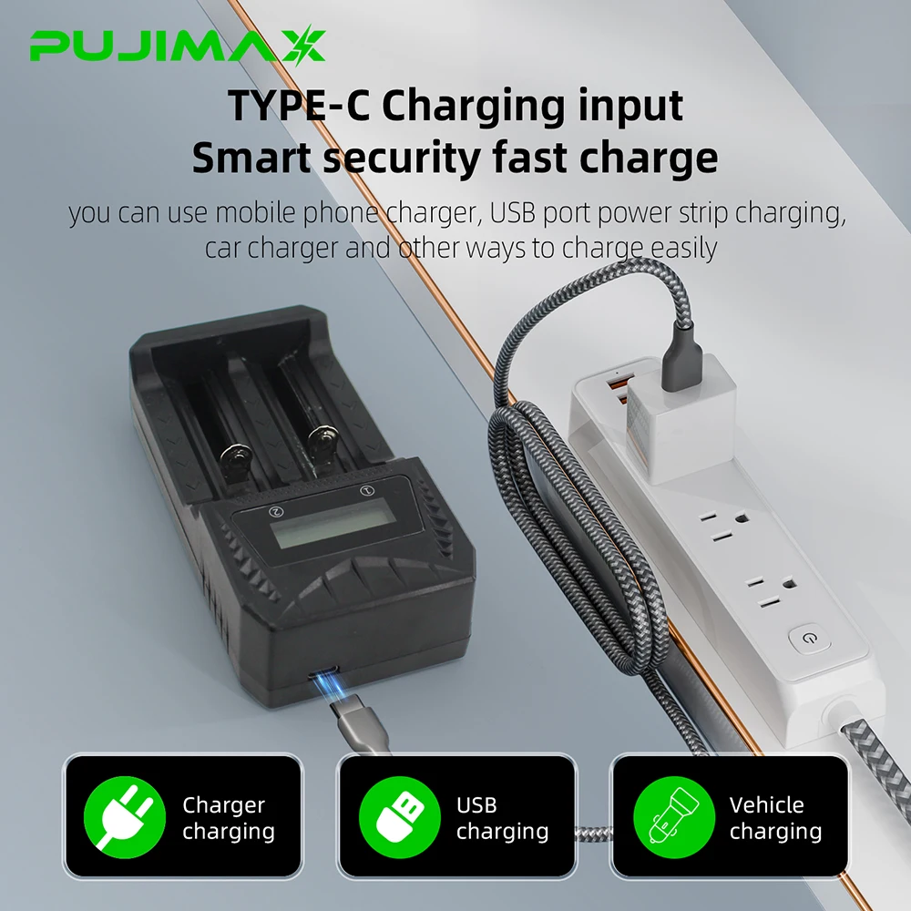 PUJIMAX 100% New 18650 Lithium Battery+Charger 3.7V 2500mAh 18650 Rechargeable Batteries