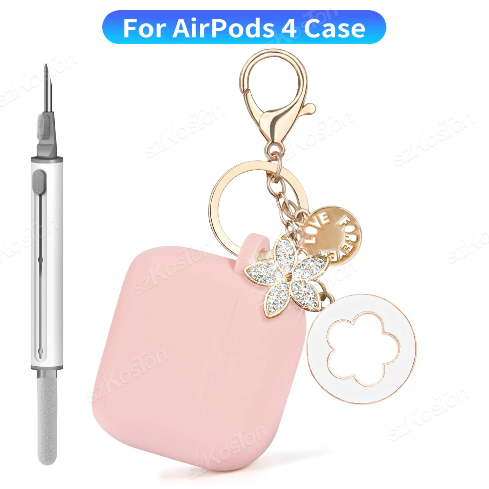 Silicone Protective Cover for AirPods 4 Case with Five-leaf Clover Keychain Women's Pink Shell for Air Pods 4th(2024) Generation