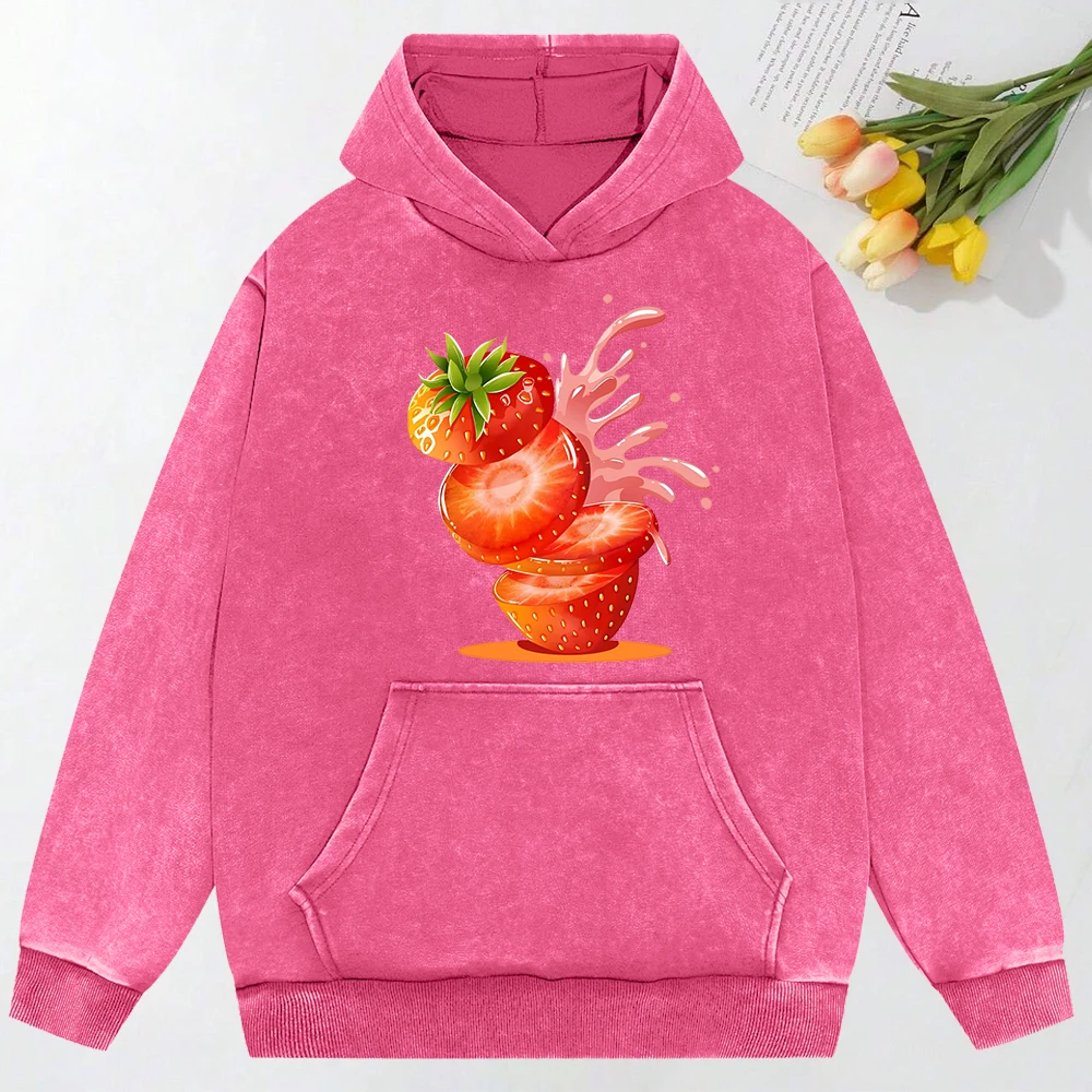 Creative Strawberry Juice Prints Washed Hoodie Y2K Couple Street Hoody Vintage Oversize Clothing Autumn Casual Sweatshirt