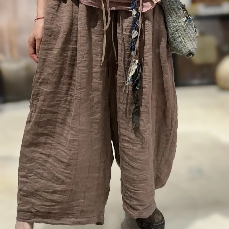 

2025 New Autumn Solid Wide Leg Streetwear Pants Women Elastic Waist Ramie High Quality Harem Original Vintage Elegant Pantalones