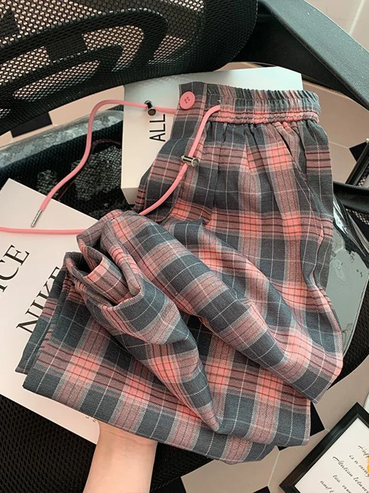 Retro roze geruite broek dames hoge taille casual Koreaanse zoete wijde pijpen broek herfst winter losse vrouwelijke hoge kwaliteit elegante broek