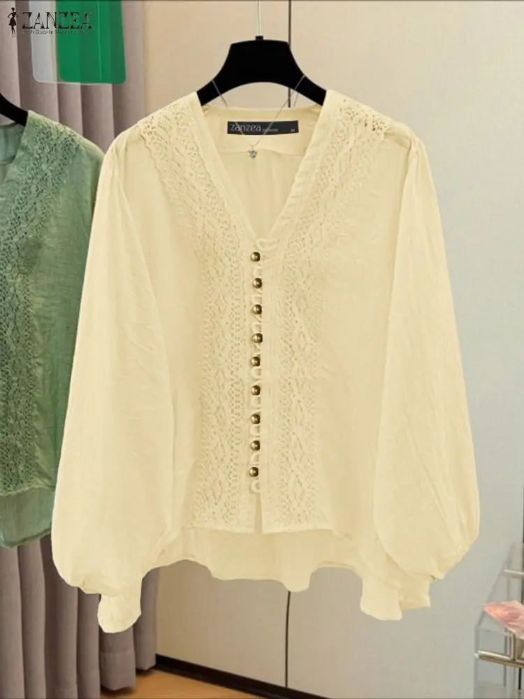 2025 ZNAZEA Women Elegant V Neck Long Sleeve Tops Blouse Autumn Lace Patchwork Shirts Loose Chemise Tunic Female OL Work Blusas