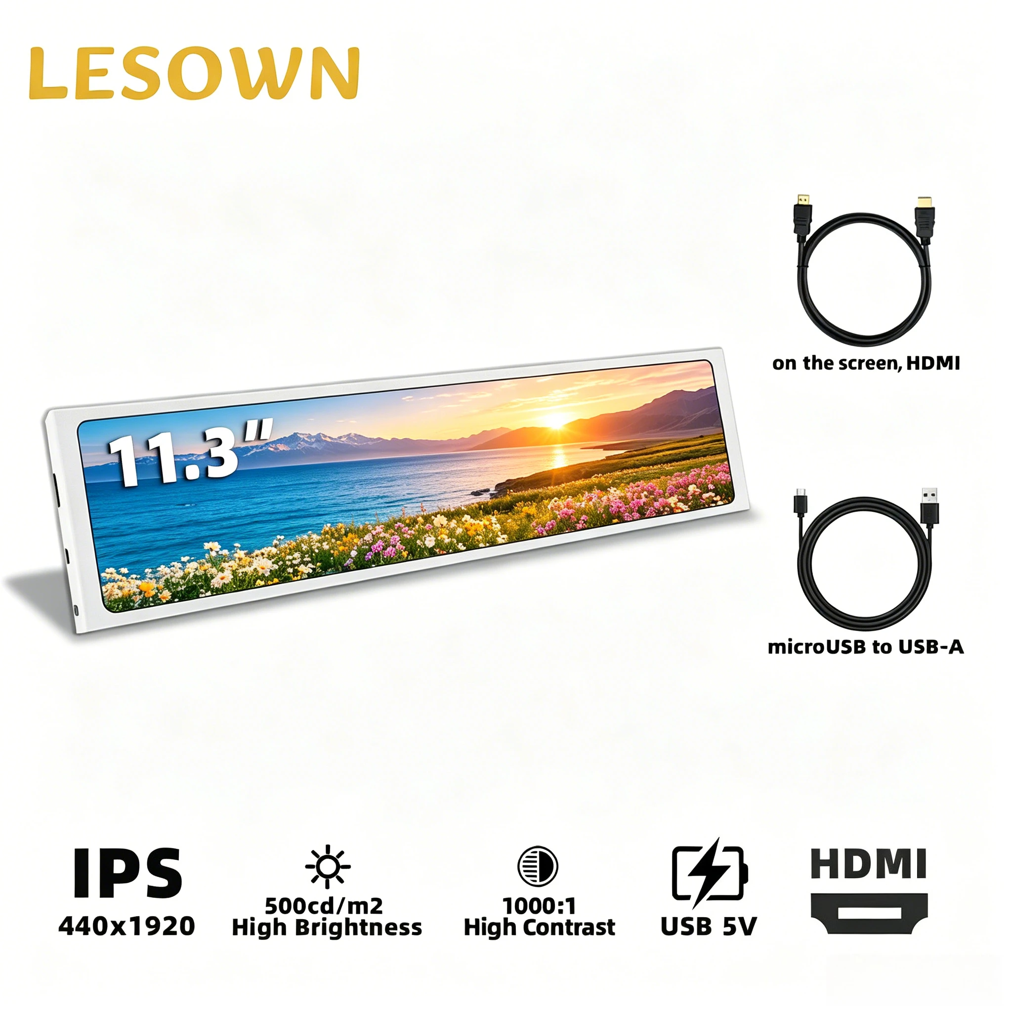 LESOWN 11.3in External Computer Sub-display 440x1920 miniHDTV Aluminum Strip Screen Sensor Panel for Desktop PC Modding