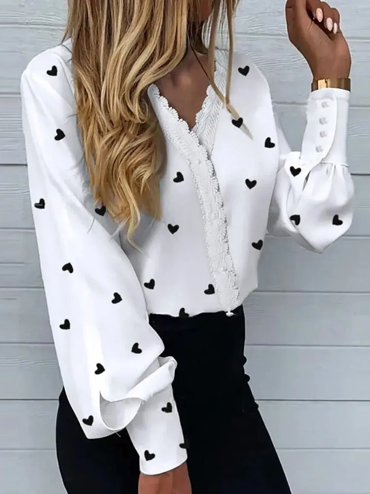 2023 White Elegant Blouse For Women Casual Long Sleeve Top Shirts Print Lace V-neck Loose Office Lady Fashion Blouse Tops Women