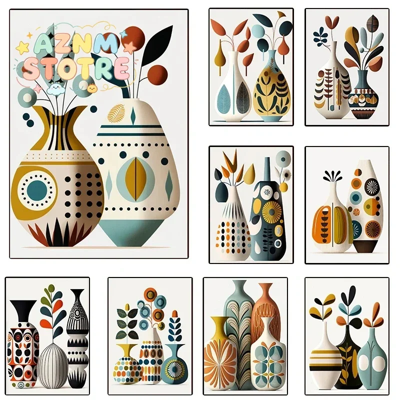 Mid Century Modern Scandi Style Vases Posters and Prints Canvas Printing Wall Art Picture for Dining Room Home Decora Gifts