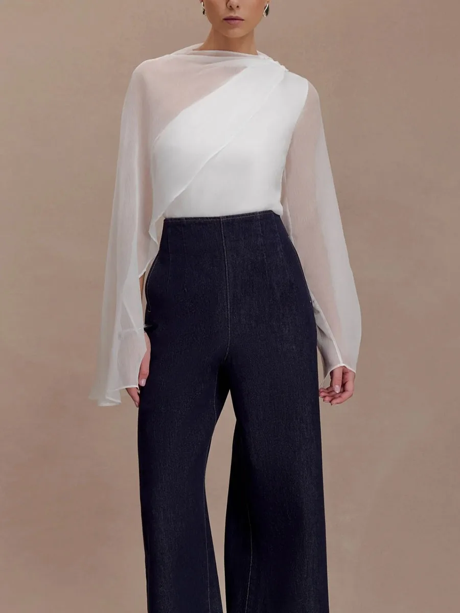 Modigirl Women Asymmetric Cape Wrap Blouse See Through Solid Color Round Neck Elegant Office Party Women's Blouses Shirts Tops