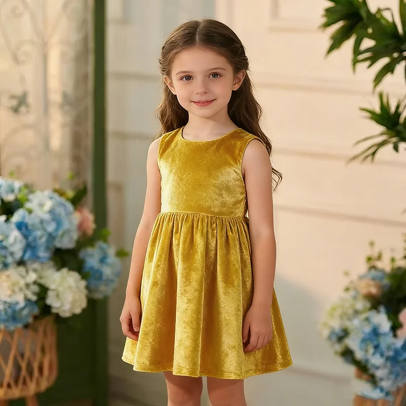 שמלות קיץ לבנות זהב קצרות 2026 חדש יוקרתי תלבושת נסיכה ילדה שמלת קוקטייל רשמית שמלת פעוטות חצאית נפוחה אלגנטית למסיבה