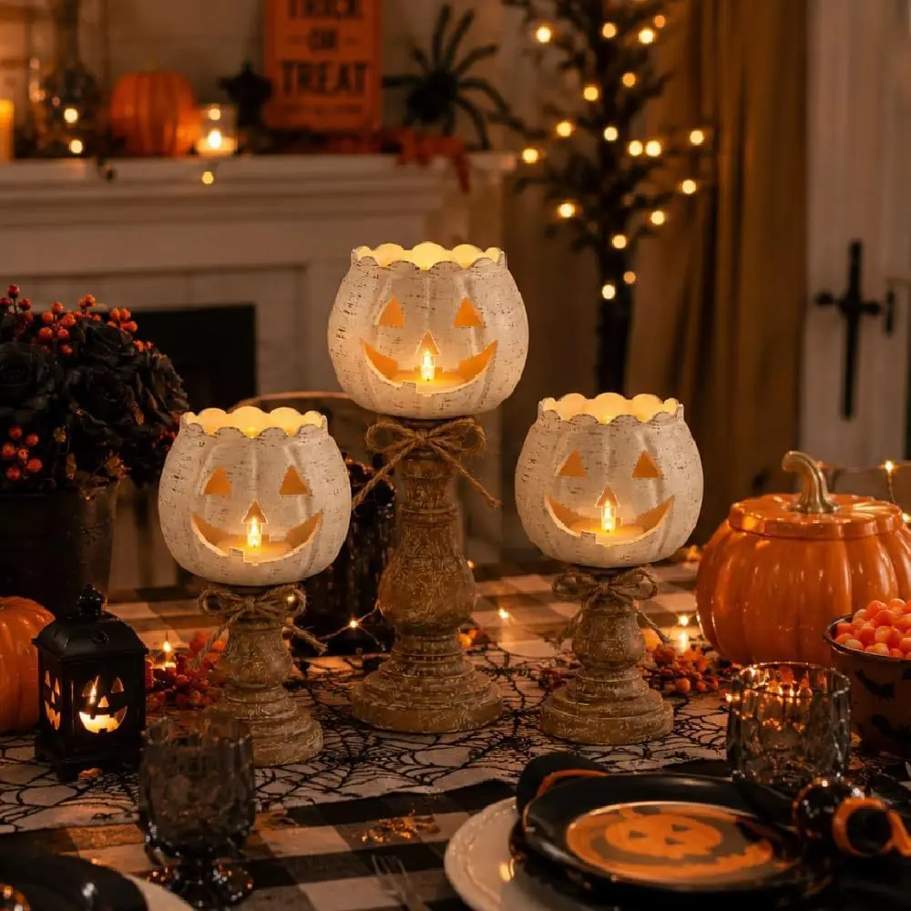 Halloween Pumpkin Candle Holder – Antique Metal Jack-O-Lantern Tabletop Decor for Fall Home & Party