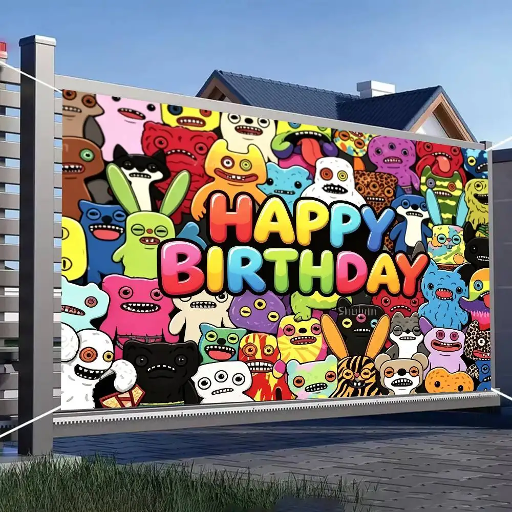Décoration de fête d'anniversaire sur le thème de l'anime Cartoon Fun Ugly Fugglers, bannière rose, poster, accessoires, cadeau pour enfants