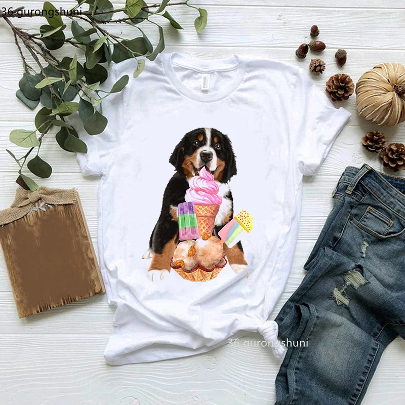 Bernese Mountain Dog : Bernese Mt. With Skiing: Valentines Day Gifts 2024 Women'S Tshirt Summer Fashion Tee Shirt Femme 90s Tops