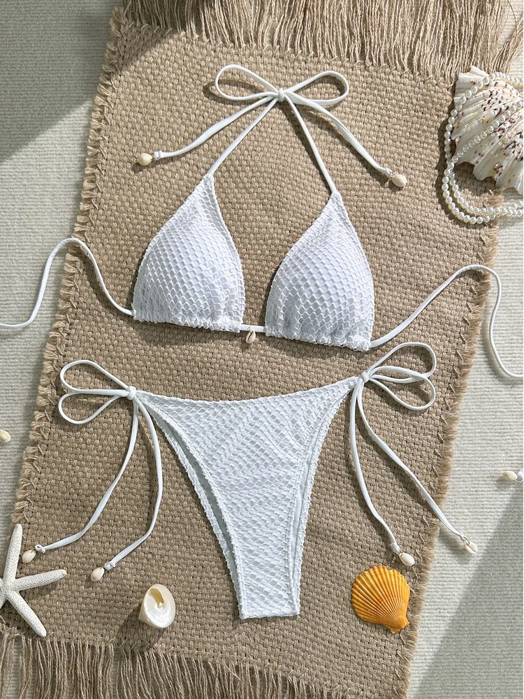 2026 New Women Sexy Solid Color Mesh Seashell Bikini Set Female Summer Beach Vacation Swimwear