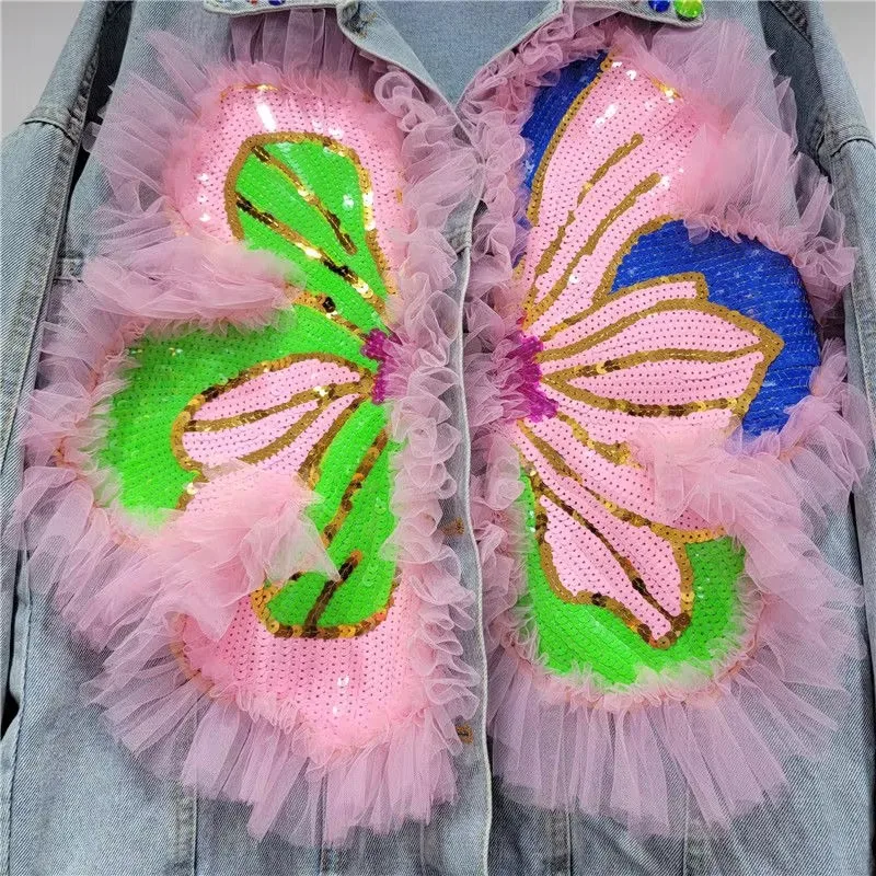 2025 春スパンコールフラワー女性ブルーデニムジャケットラペル長袖カジュアルチャケータ Mujer 女性のジーンズジャケットストリート